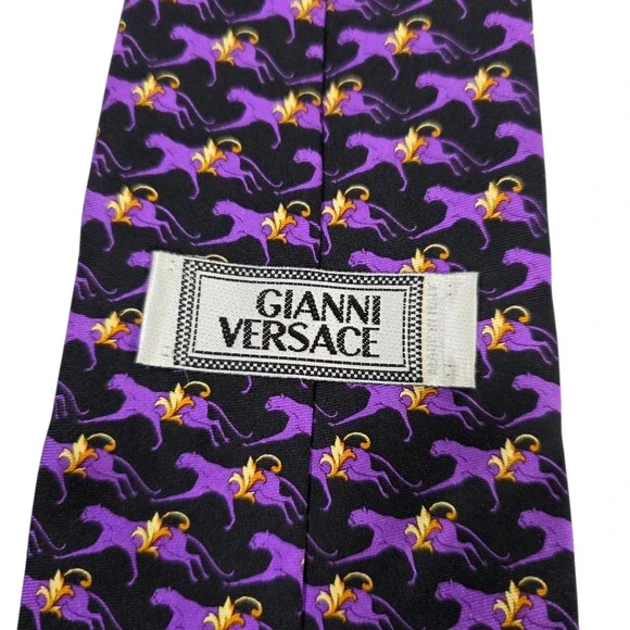 Gianni Versace Mens Necktie Luxury Purple Black Silk Tiger Woven Embroidered‎